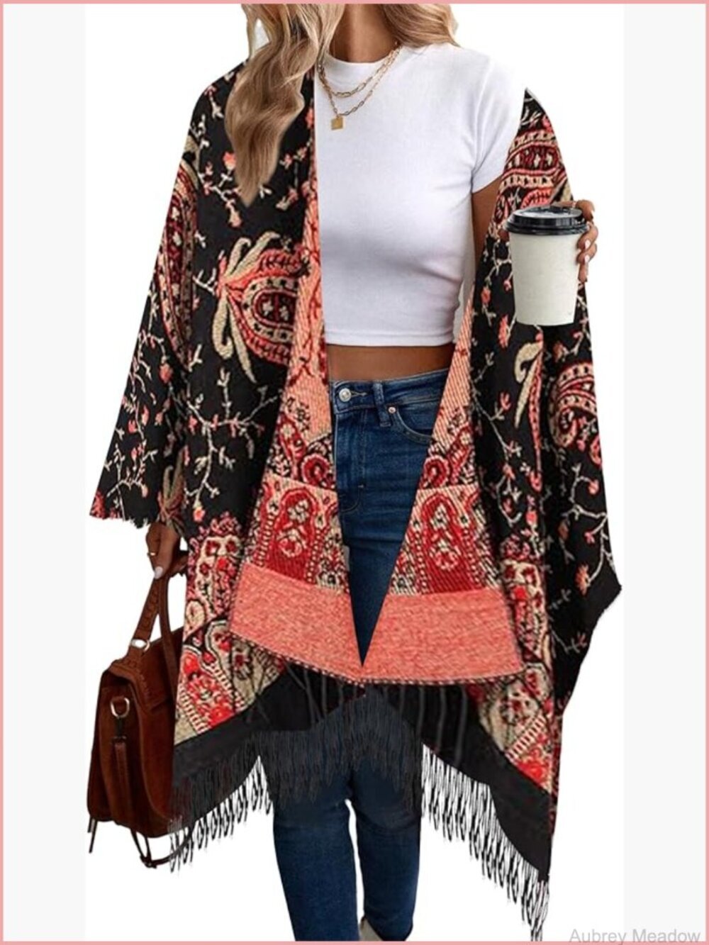 Retro Style Poncho Cape Boho Shawl Ruana Printed Tassel Cardigan